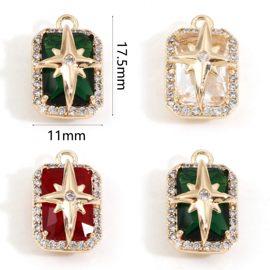 Picture of Brass & Glass Galaxy Charms 18K Real Gold Plated Rectangle Star Multicolour Cubic Zirconia 17.5mm x 11mm