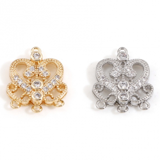 Picture of Brass Style Of Royal Court Character Charms Heart Real Gold Plated Hollow Clear Cubic Zirconia 15.5mm x 12.5mm