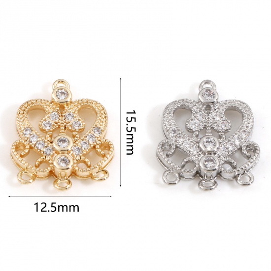 Picture of Brass Style Of Royal Court Character Charms Heart Real Gold Plated Hollow Clear Cubic Zirconia 15.5mm x 12.5mm