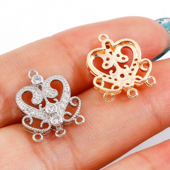 Picture of Brass Style Of Royal Court Character Charms Heart Real Gold Plated Hollow Clear Cubic Zirconia 15.5mm x 12.5mm