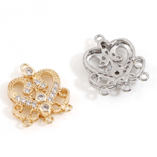Picture of Brass Style Of Royal Court Character Charms Heart Real Gold Plated Hollow Clear Cubic Zirconia 15.5mm x 12.5mm