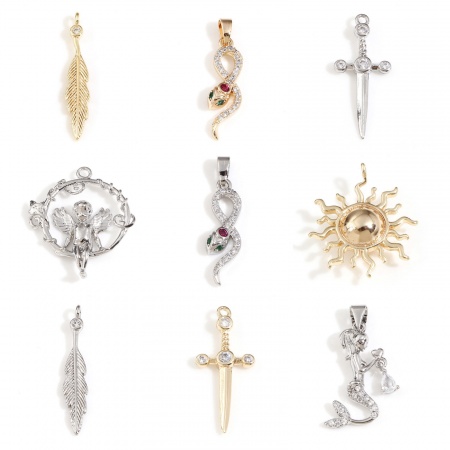 Brass Charms Real Gold Plated Snake Animal Mermaid Clear Cubic Zirconia