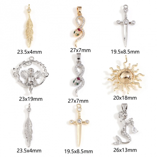 Picture of Brass Charms Real Gold Plated Snake Animal Mermaid Clear Cubic Zirconia