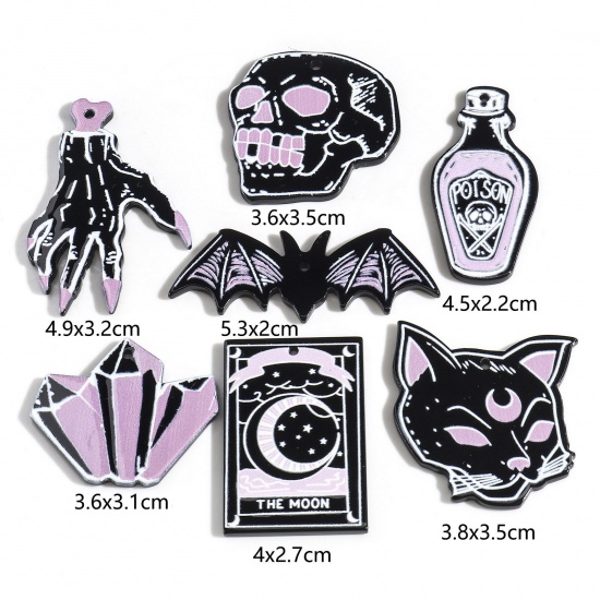 Image de Pendentifs en Acrylique Halloween Crâne Halloween Chauve-Souris Noir & Violet 5 Pcs