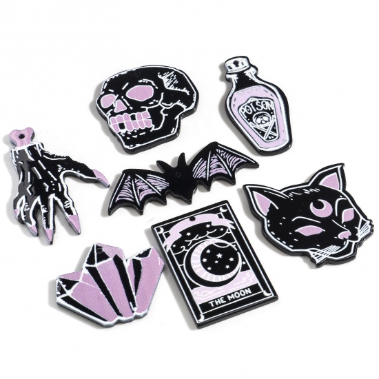 Image de Pendentifs en Acrylique Halloween Crâne Halloween Chauve-Souris Noir & Violet 5 Pcs