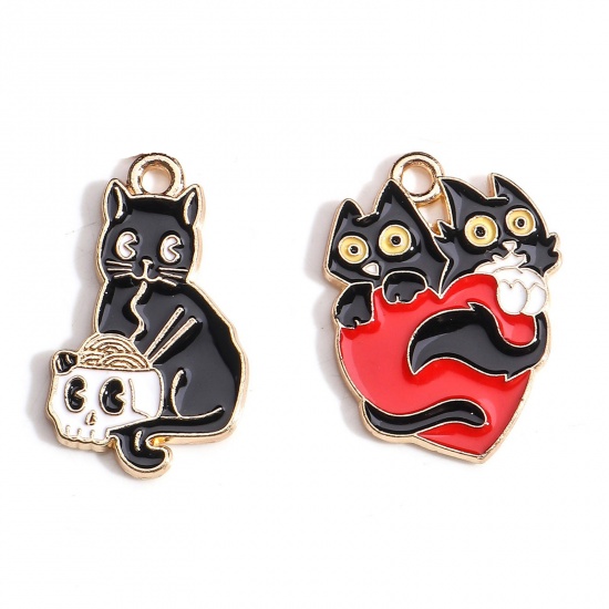 Picture of Zinc Based Alloy Halloween Charms Gold Plated Multicolor Cat Animal Enamel