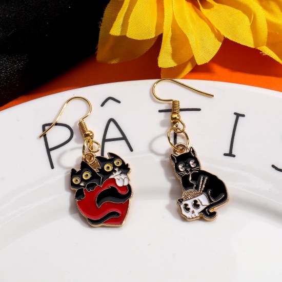 Bild von Zinklegierung Halloween Charms Vergoldet Bunt Katze Emaille 10 Stück