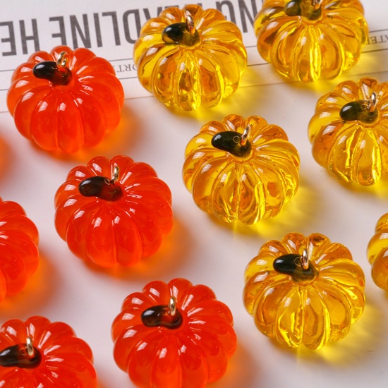 Imagen de Resina Halloween Colgantes Charms Calabaza 3D Multicolor 22mm x 20mm, 2 Unidades