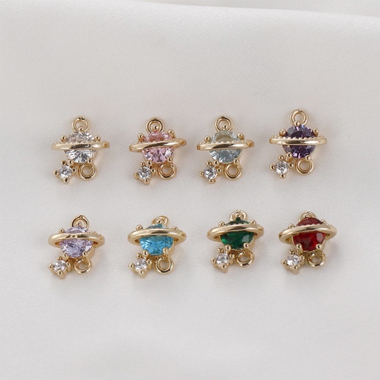 Picture of Brass Galaxy Connectors Charms Pendants Gold Plated Planet Multicolour Cubic Zirconia 11mm x 8mm                                                                                                                                                              