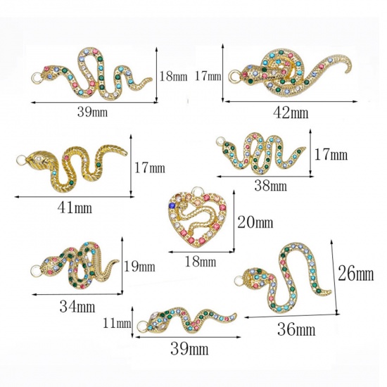 Picture of Zinc Based Alloy Micro Pave Pendants Gold Plated Snake Animal Multicolor Rhinestone