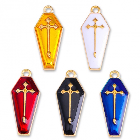 Picture of Zinc Based Alloy Halloween Charms Gold Plated Multicolor Cross Halloween Tombstone Enamel 26mm x 12mm