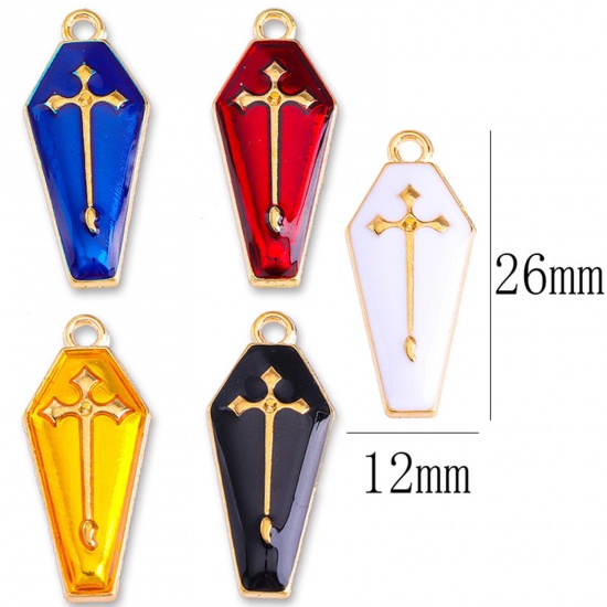 Picture of Zinc Based Alloy Halloween Charms Gold Plated Multicolor Cross Halloween Tombstone Enamel 26mm x 12mm