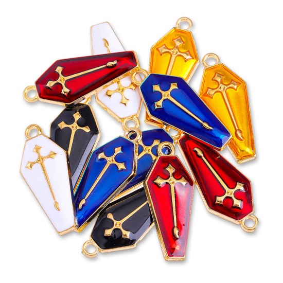 Picture of Zinc Based Alloy Halloween Charms Gold Plated Multicolor Cross Halloween Tombstone Enamel 26mm x 12mm