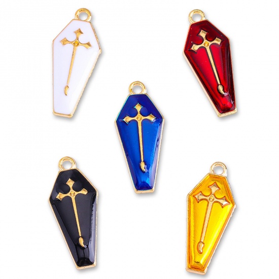 Picture of Zinc Based Alloy Halloween Charms Gold Plated Multicolor Cross Halloween Tombstone Enamel 26mm x 12mm