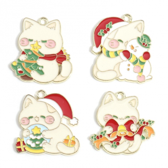 Picture of Zinc Based Alloy Christmas Charms Gold Plated Multicolor Cat Animal Enamel
