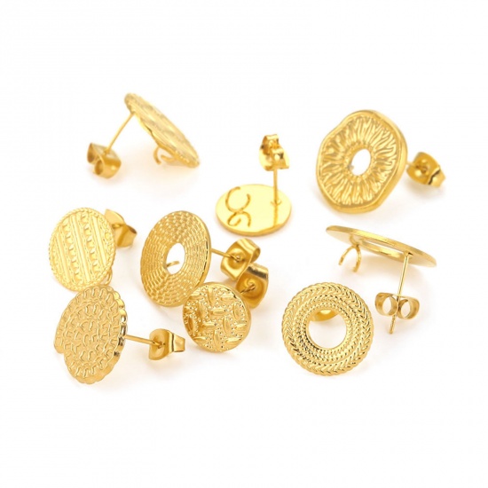 Picture of 304 Stainless Steel Ear Post Stud Earring With Loop Connector Accessories Round Weave Textured