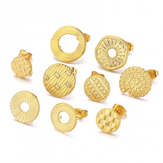 Picture of 304 Stainless Steel Ear Post Stud Earring With Loop Connector Accessories Round Weave Textured