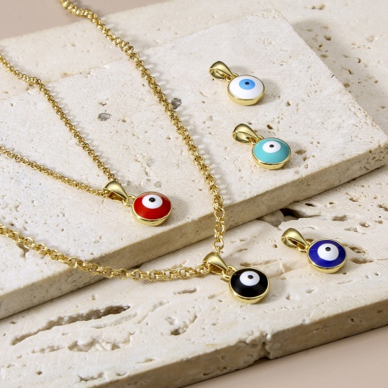 Image de Breloques Religieux en Laiton Rond Plaqué Or Véritable 18K Multicolore Œil Mauvais Émail 14.5mm x 8mm, 1 Pièce