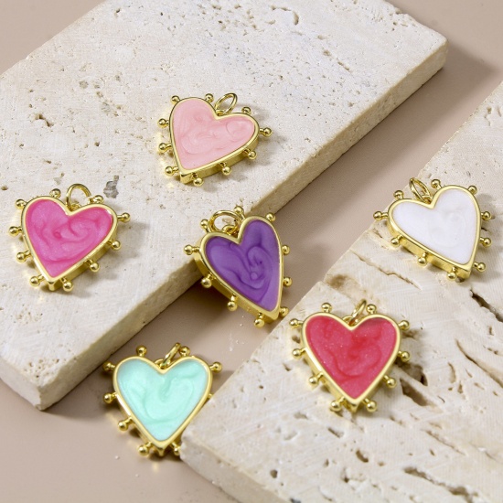 Picture of Brass Valentine's Day Charms 18K Real Gold Plated Multicolor Pearlized Heart Enamel 19mm x 18mm                                                                                                                                                               