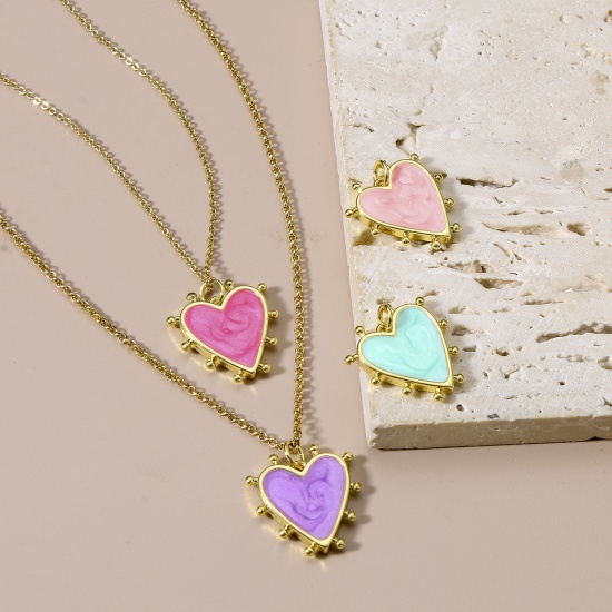 Picture of Brass Valentine's Day Charms 18K Real Gold Plated Multicolor Pearlized Heart Enamel 19mm x 18mm                                                                                                                                                               