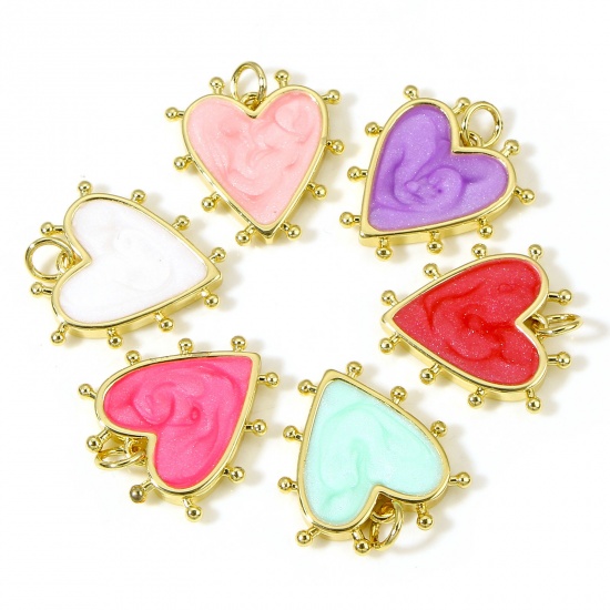 Picture of Brass Valentine's Day Charms 18K Real Gold Plated Multicolor Pearlized Heart Enamel 19mm x 18mm