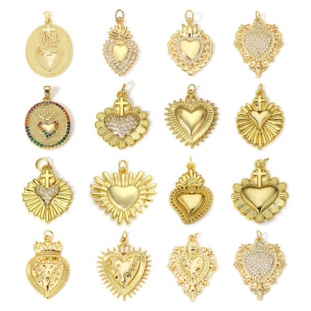 Breloques Religieux en Laiton Coeur de Ex-Voto Plaqué Or Véritable 18K à Zircone Cubique Clair 1 Pièce