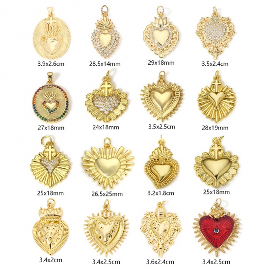 Immagine di Ottone Religione Charms Ex Voto Cuore 18K Vero Oro Placcato Trasparente Cubic Zirconiae 1 Pz