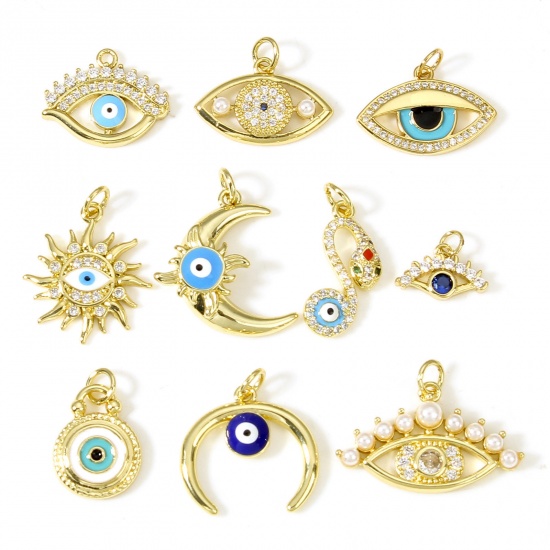 Imagen de Latón Colgantes Charms Mal de ojo 18K Oro Real Chapado 1 Unidad