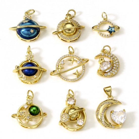 Imagen de Latón Galaxia Colgantes Charms Planeta 18K Oro Real Chapado Claro Circón Artificial 1 Unidad