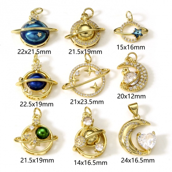 Imagen de Latón Galaxia Colgantes Charms Planeta 18K Oro Real Chapado Claro Circón Artificial 1 Unidad