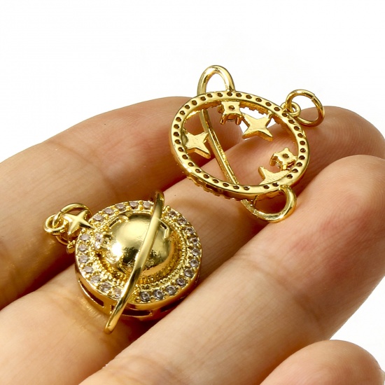 Imagen de Latón Galaxia Colgantes Charms Planeta 18K Oro Real Chapado Claro Circón Artificial 1 Unidad