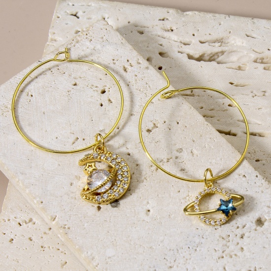 Imagen de Latón Galaxia Colgantes Charms Planeta 18K Oro Real Chapado Claro Circón Artificial 1 Unidad