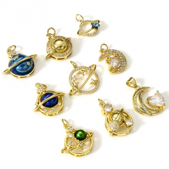 Imagen de Latón Galaxia Colgantes Charms Planeta 18K Oro Real Chapado Claro Circón Artificial 1 Unidad