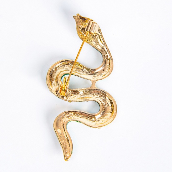 Picture of Gothic Pin Brooches Snake Animal Gold Plated Multicolor Clear Rhinestone