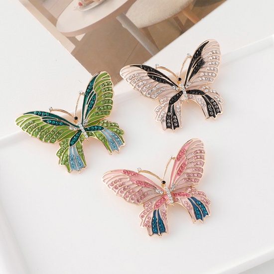 Imagen de Elegante Pin Broches Mariposa Chapado en Oro Multicolor Esmalte Transparente Rhinestone 1 Unidad