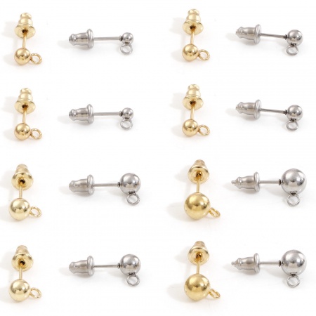 304 Stainless Steel Ear Post Stud Earring With Loop Connector Accessories Round With Stoppers