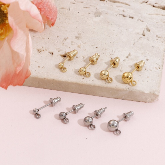 Picture of 304 Stainless Steel Ear Post Stud Earring With Loop Connector Accessories Round With Stoppers