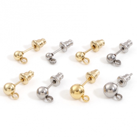 Picture of 304 Stainless Steel Ear Post Stud Earring With Loop Connector Accessories Round With Stoppers