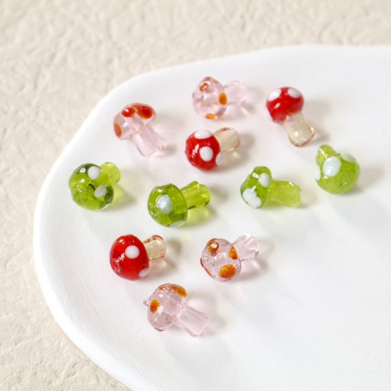 Picture of Lampwork Glass Flora Collection Beads For DIY Charm Jewelry Making Mushroom Multicolor Dot About 14mm x 10mm