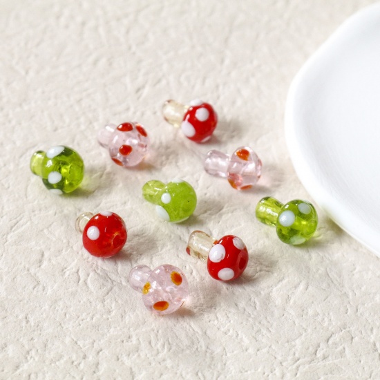 Picture of Lampwork Glass Flora Collection Beads For DIY Charm Jewelry Making Mushroom Multicolor Dot About 14mm x 10mm