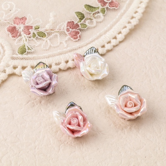 Picture of Ceramic Valentine's Day Beads For DIY Charm Jewelry Making Rose Flower Multicolor 3D About 20mm x 16mm