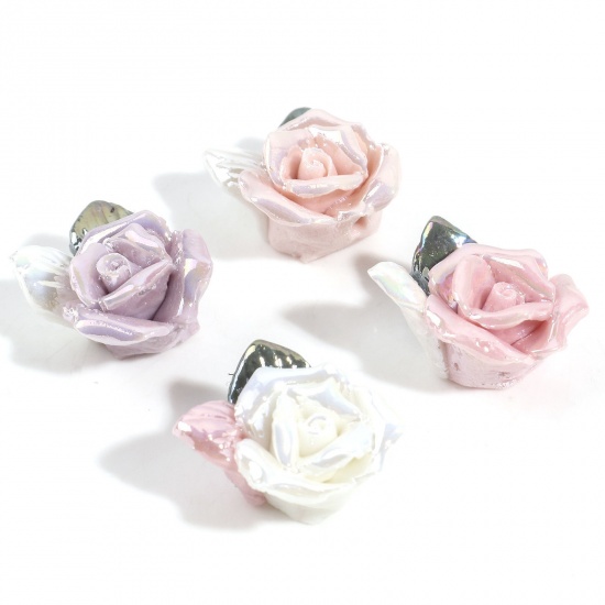 Picture of Ceramic Valentine's Day Beads For DIY Charm Jewelry Making Rose Flower Multicolor 3D About 20mm x 16mm