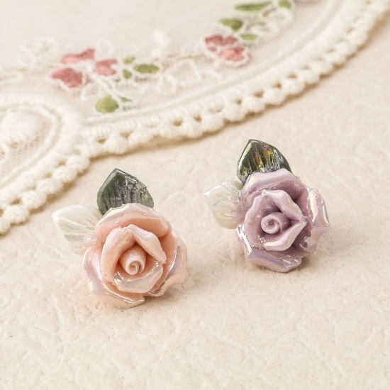 Picture of Ceramic Valentine's Day Beads For DIY Jewelry Making Rose Flower Multicolor 3D About 20mm x 16mm