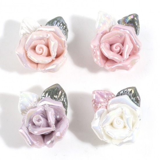Picture of Ceramic Valentine's Day Beads For DIY Charm Jewelry Making Rose Flower Multicolor 3D About 20mm x 16mm