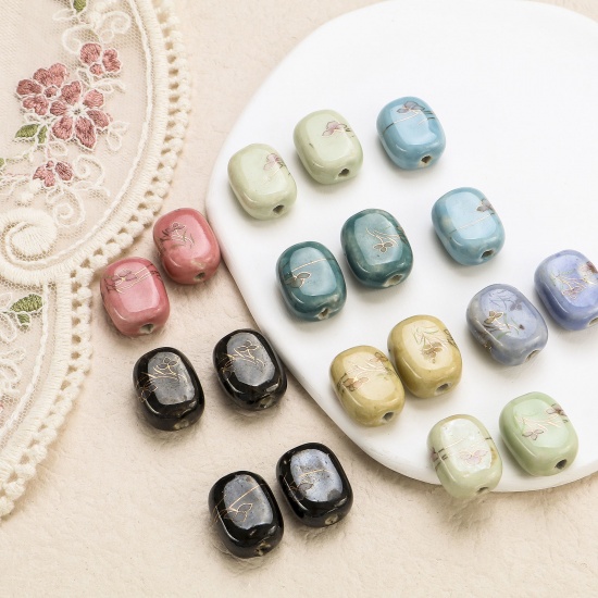 Picture of Ceramic Beads For DIY Charm Jewelry Making Rectangle Multicolor Flower Painted About 19mm x 14mm