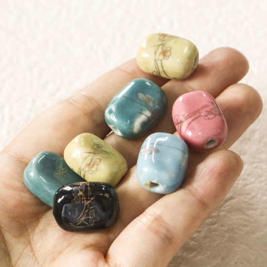 Picture of Ceramic Beads For DIY Charm Jewelry Making Rectangle Multicolor Flower Painted About 19mm x 14mm