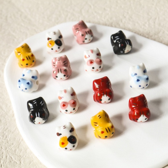 Picture of Ceramic Beads For DIY Jewelry Making Cat Animal Multicolor 3D About 16mm x 13mm