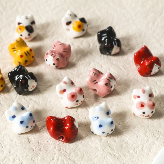 Picture of Ceramic Beads For DIY Jewelry Making Cat Animal Multicolor 3D About 16mm x 13mm