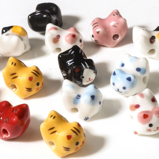 Picture of Ceramic Beads For DIY Jewelry Making Cat Animal Multicolor 3D About 16mm x 13mm