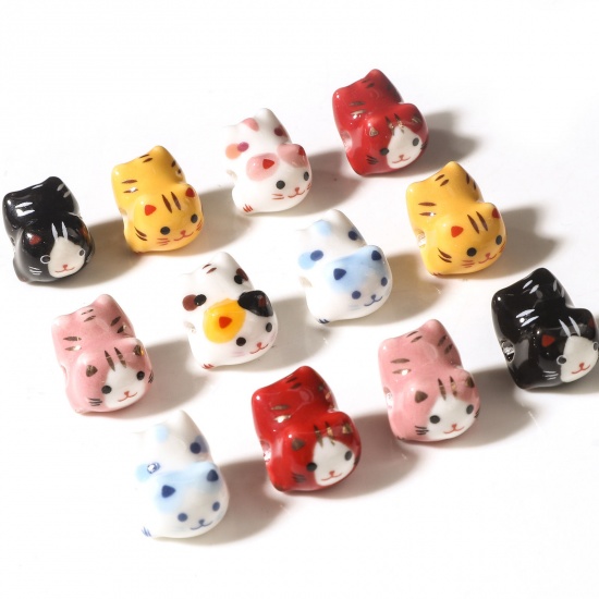 Picture of Ceramic Beads For DIY Jewelry Making Cat Animal Multicolor 3D About 16mm x 13mm